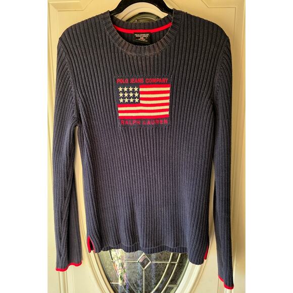 Ralph Lauren Polo Jeans USA Flag Ribbed Sweater Navy Size XL - Picture 1 of 4